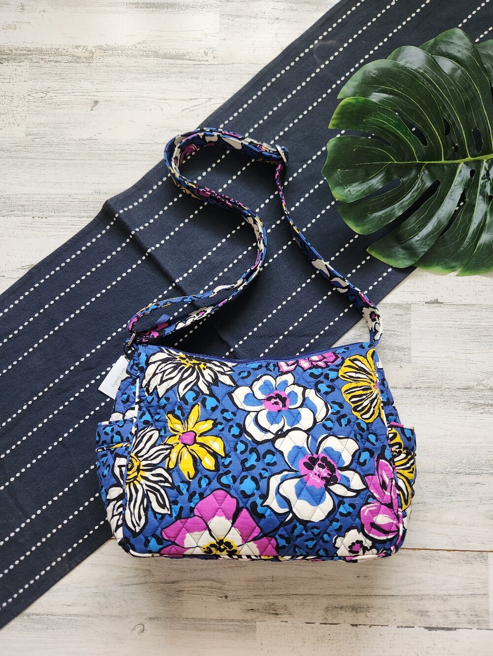 Vera Bradley Blue Floral Quilted Crossbody Bag with Pink & Yellow Accents